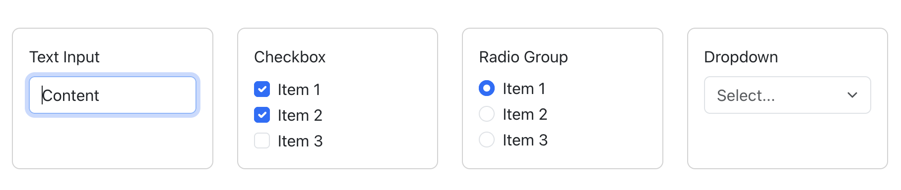 Text input, checkbox, radio group, and dropdown rendered by SurveyJS with Bootstrap token values