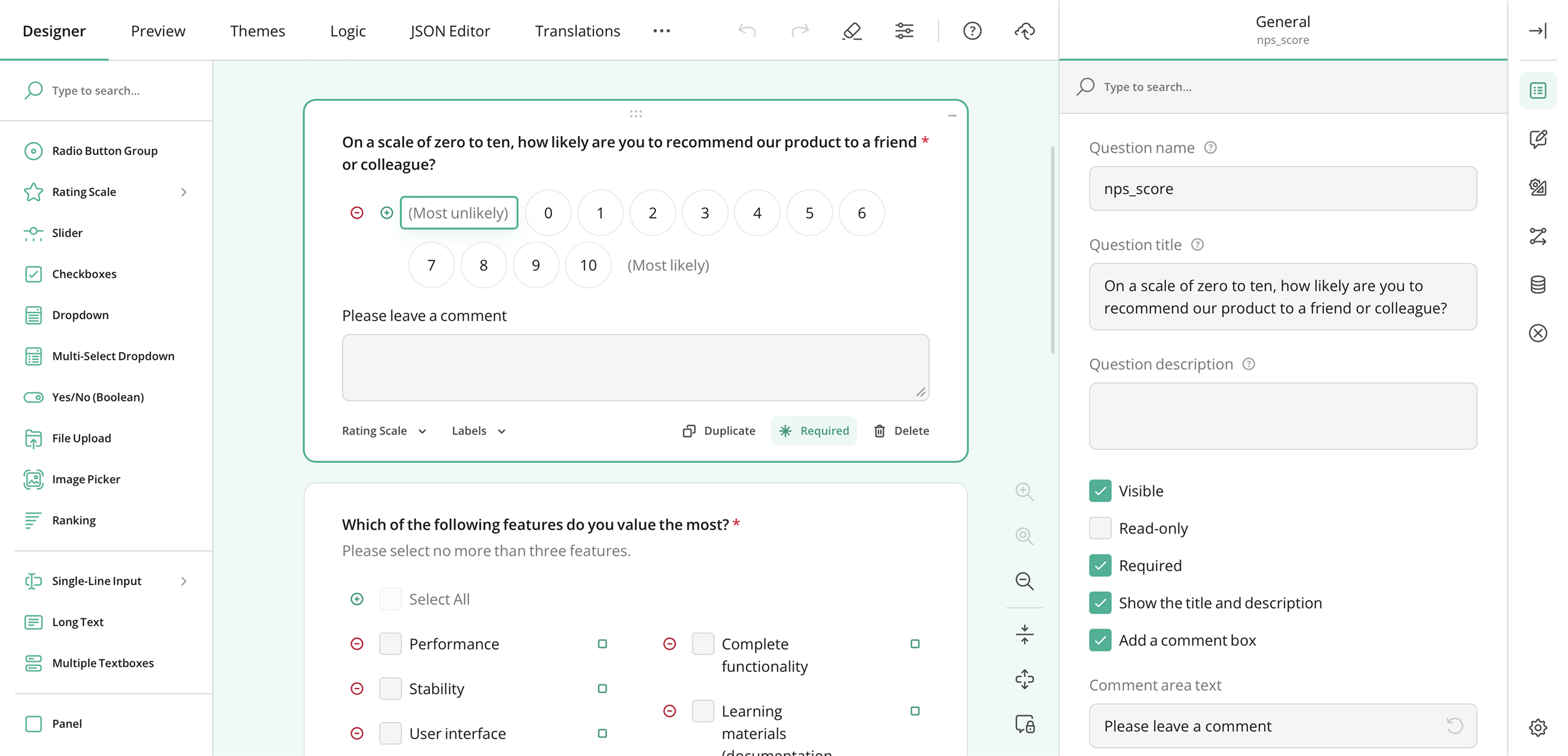 Survey Creator editing the rating scale labels: the (Most unlikely) label is selected between its minus and plus buttons