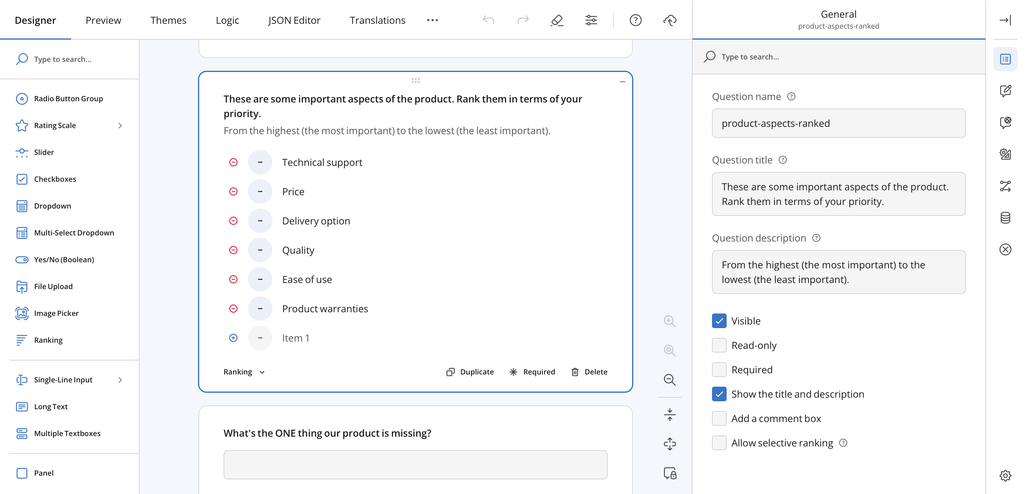 Survey Creator designer with a Ranking question selected and its settings open in the property grid