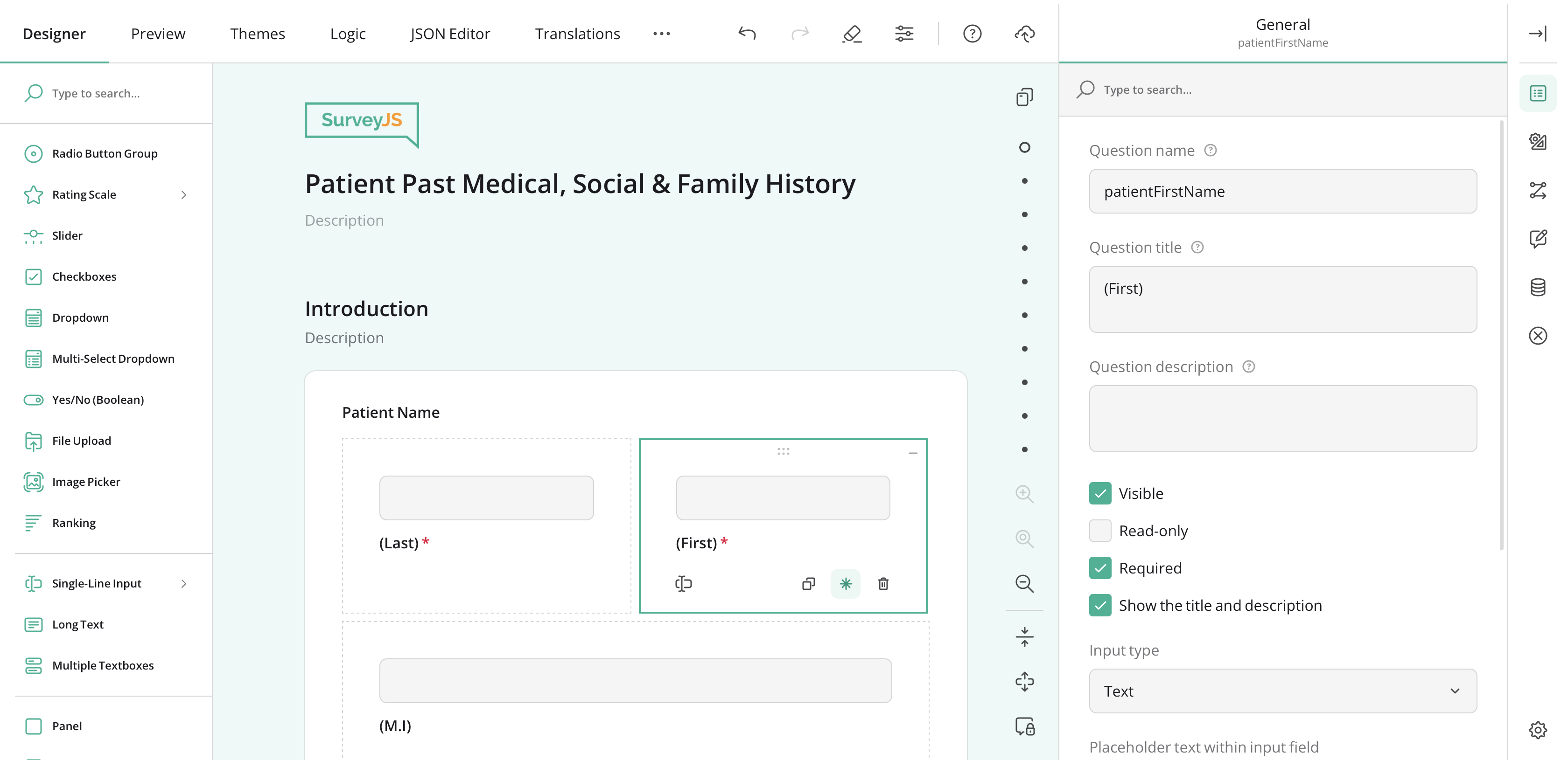 SurveyJS Survey Creator: drag-and-drop form builder with a toolbox, design surface, and property grid
