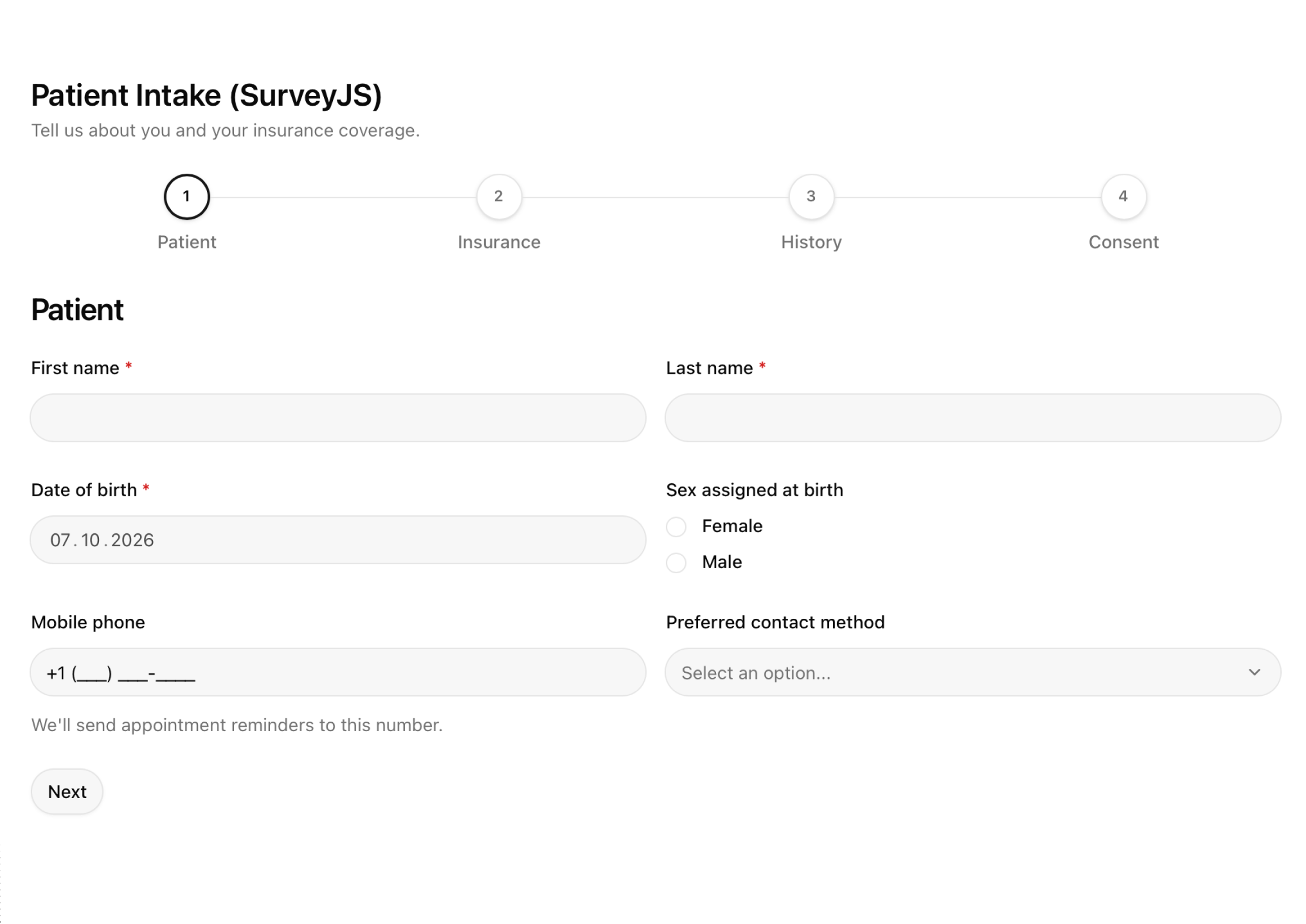Patient intake form in the Base Maia visual style