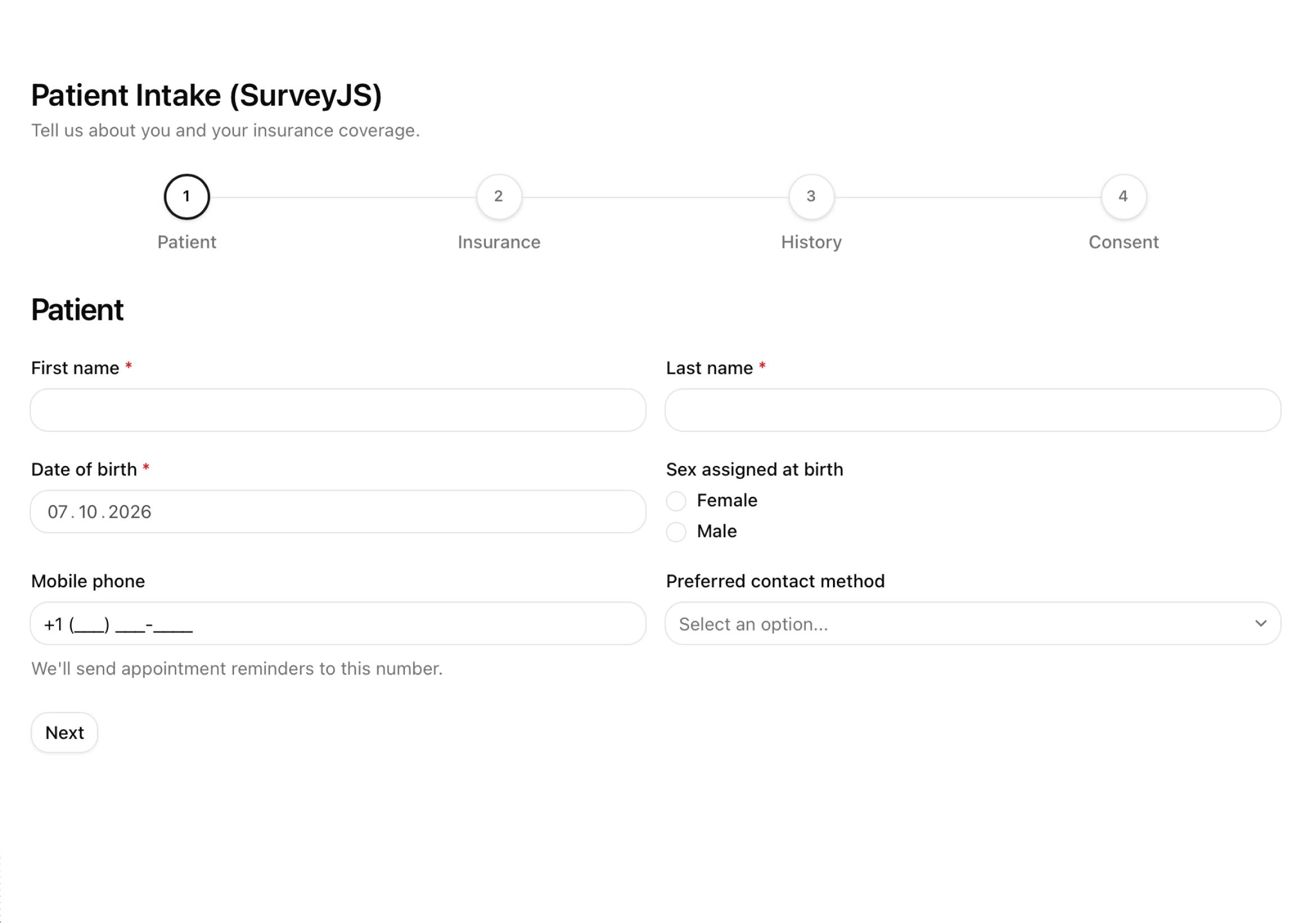 Patient intake form in the Base Nova visual style