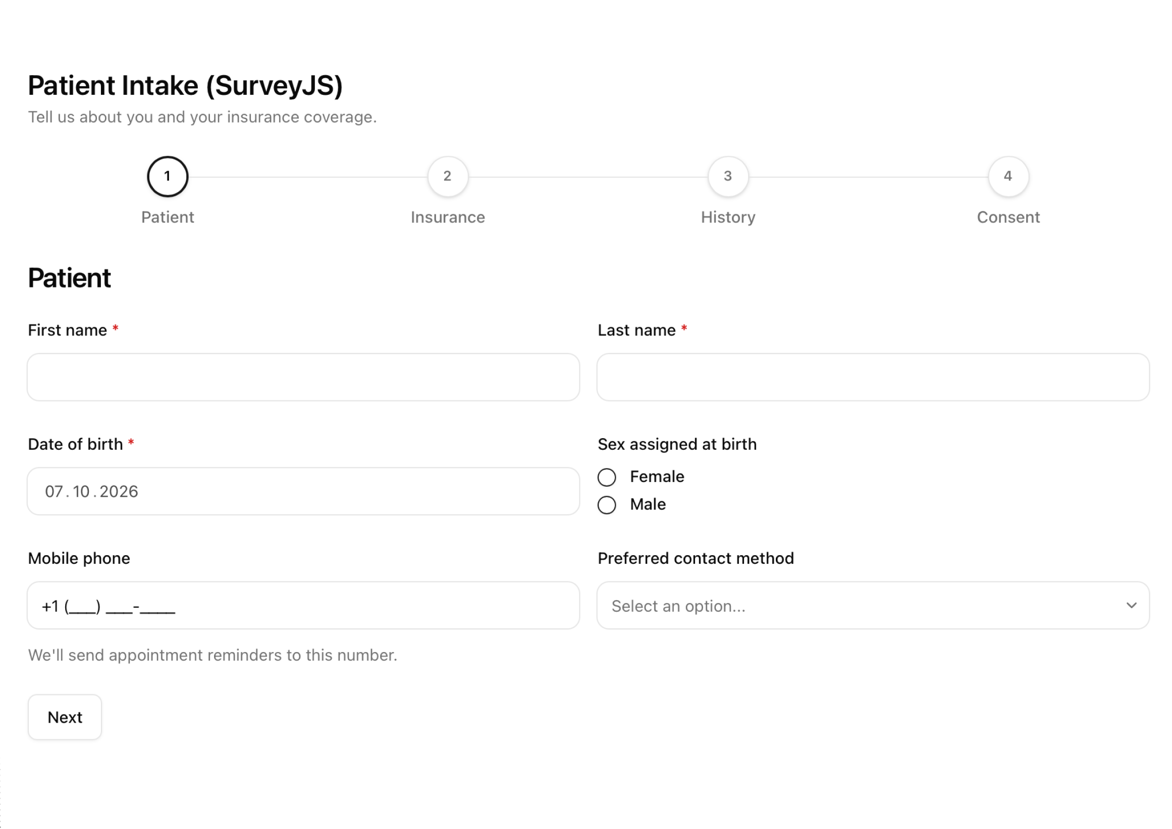 Patient intake form in the Default visual style