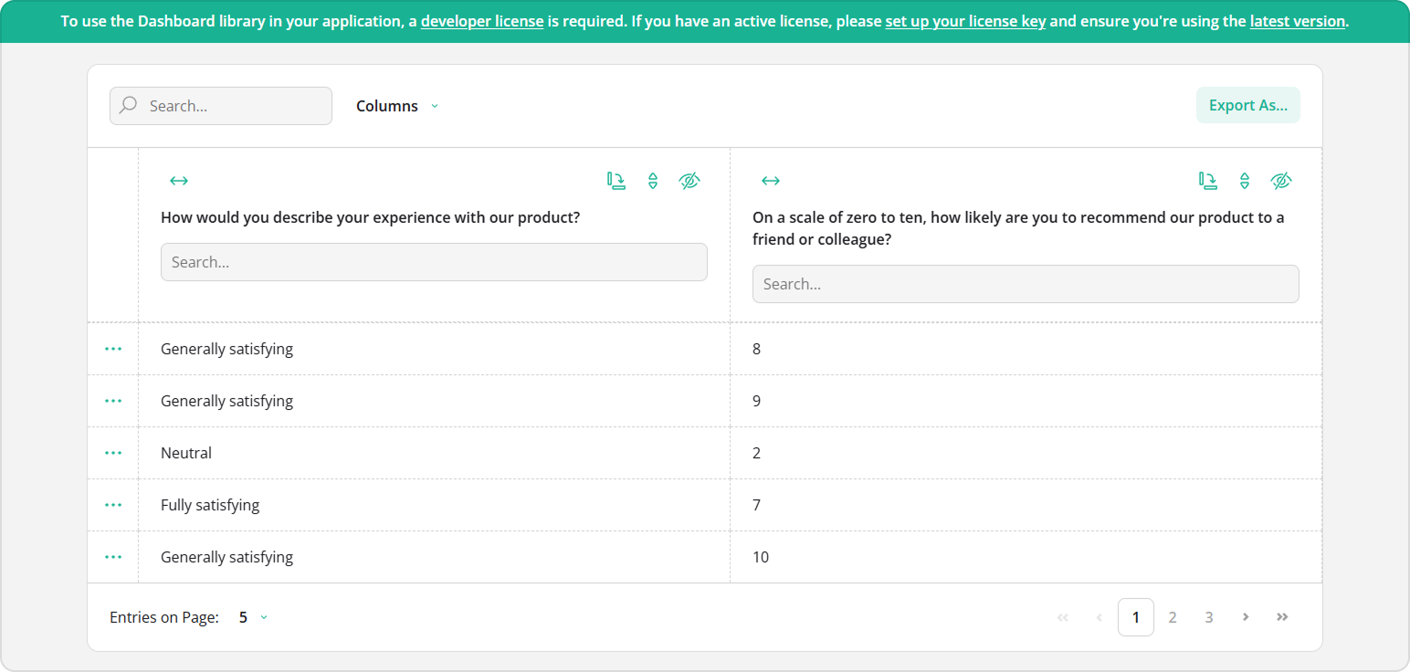 SurveyJS Table View: Alert banner