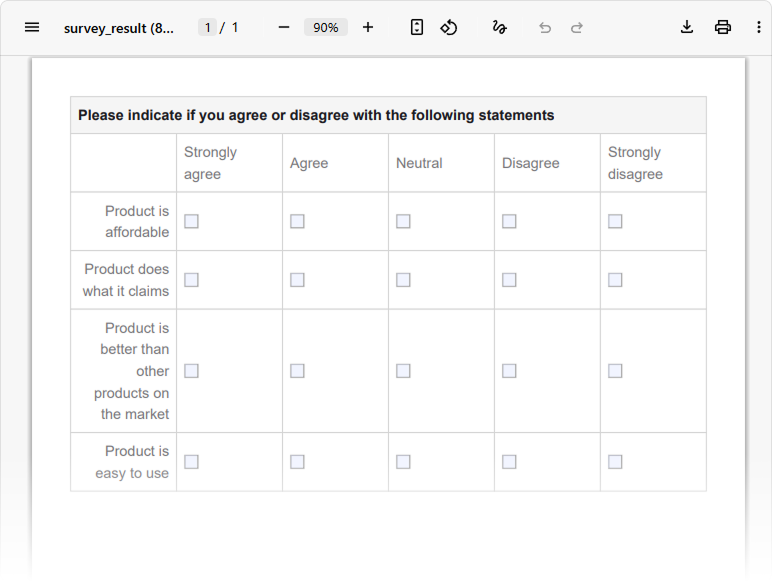 SurveyJS PDF Generator: Render a matrix as a table in a PDF form