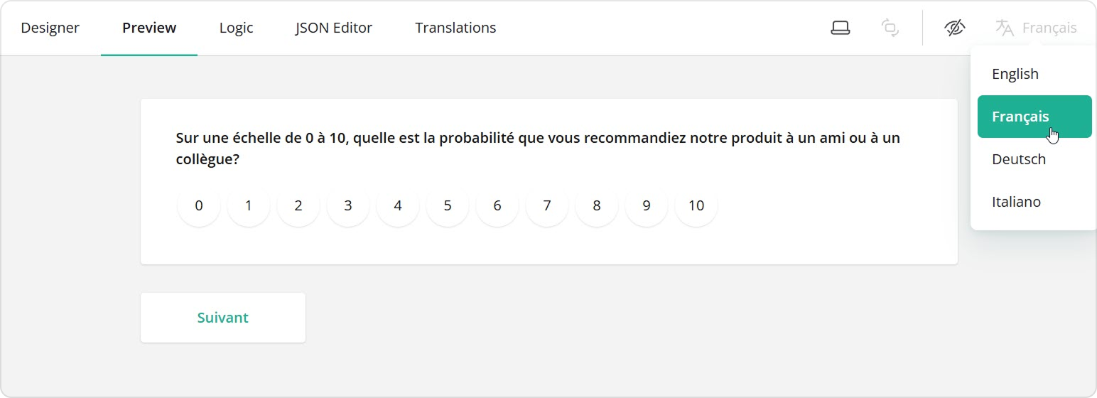Language selector in the Preview tab