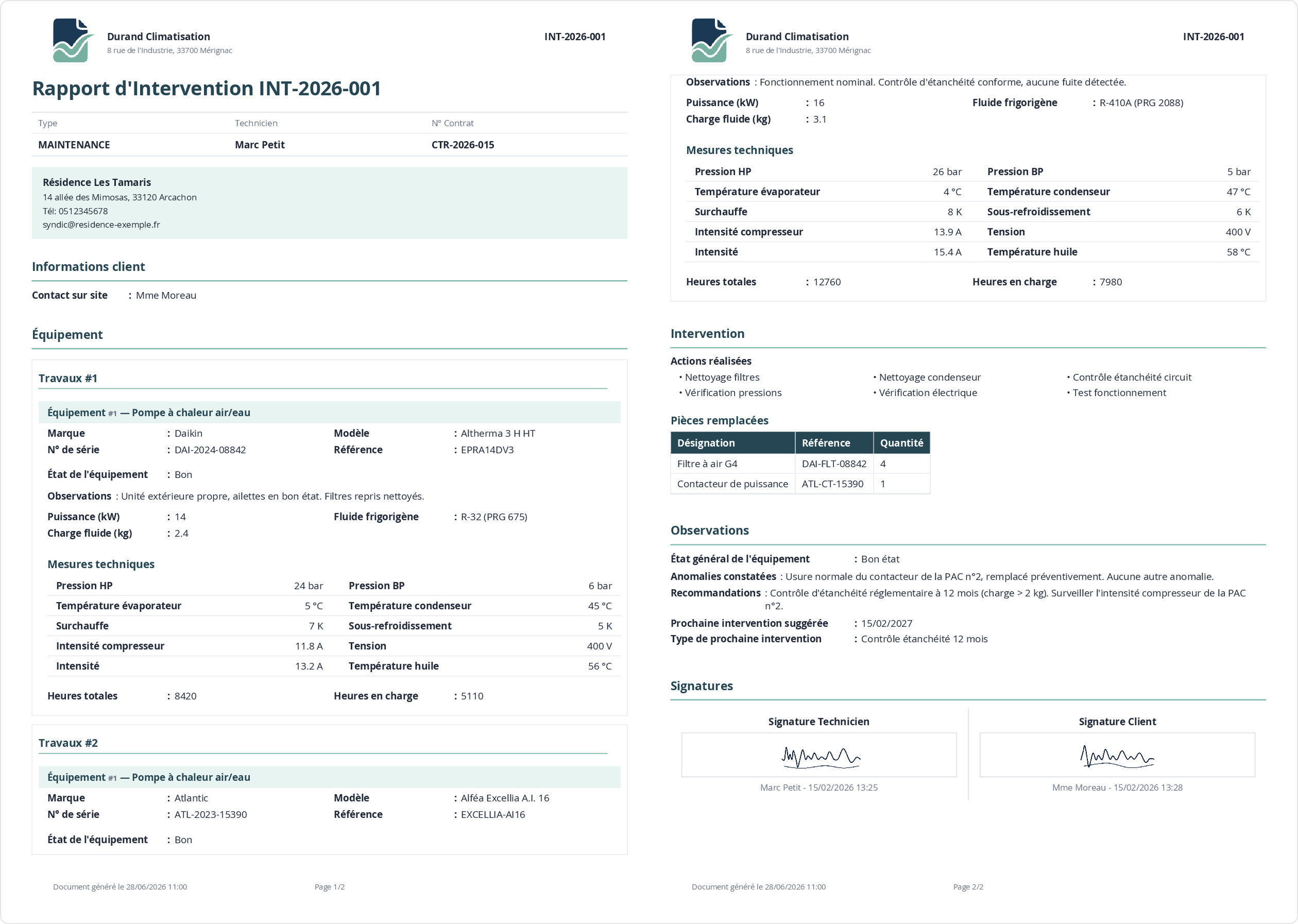 A generated PDF report with logo and both signatures