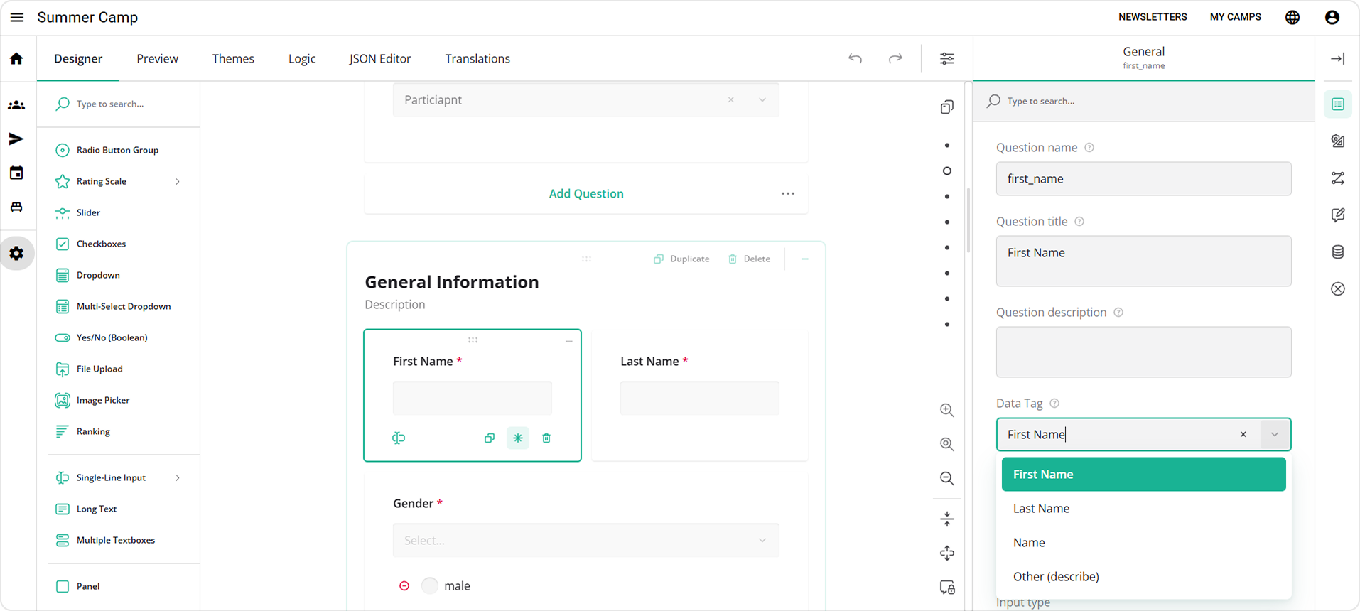 SurveyJS Creator property grid showing a custom data tag assigned to a registration form question