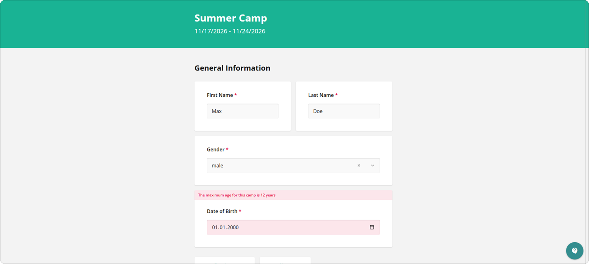 Registration form preview showing date of birth validation for camp age eligibility