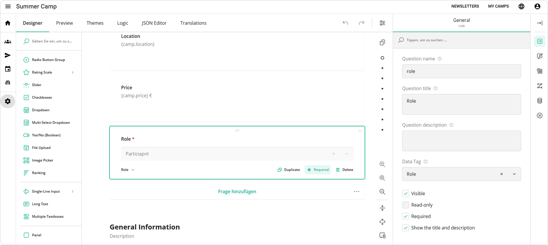 SurveyJS Creator extended with a custom property for tagging questions that contain essential data, such as name, email address, or role
