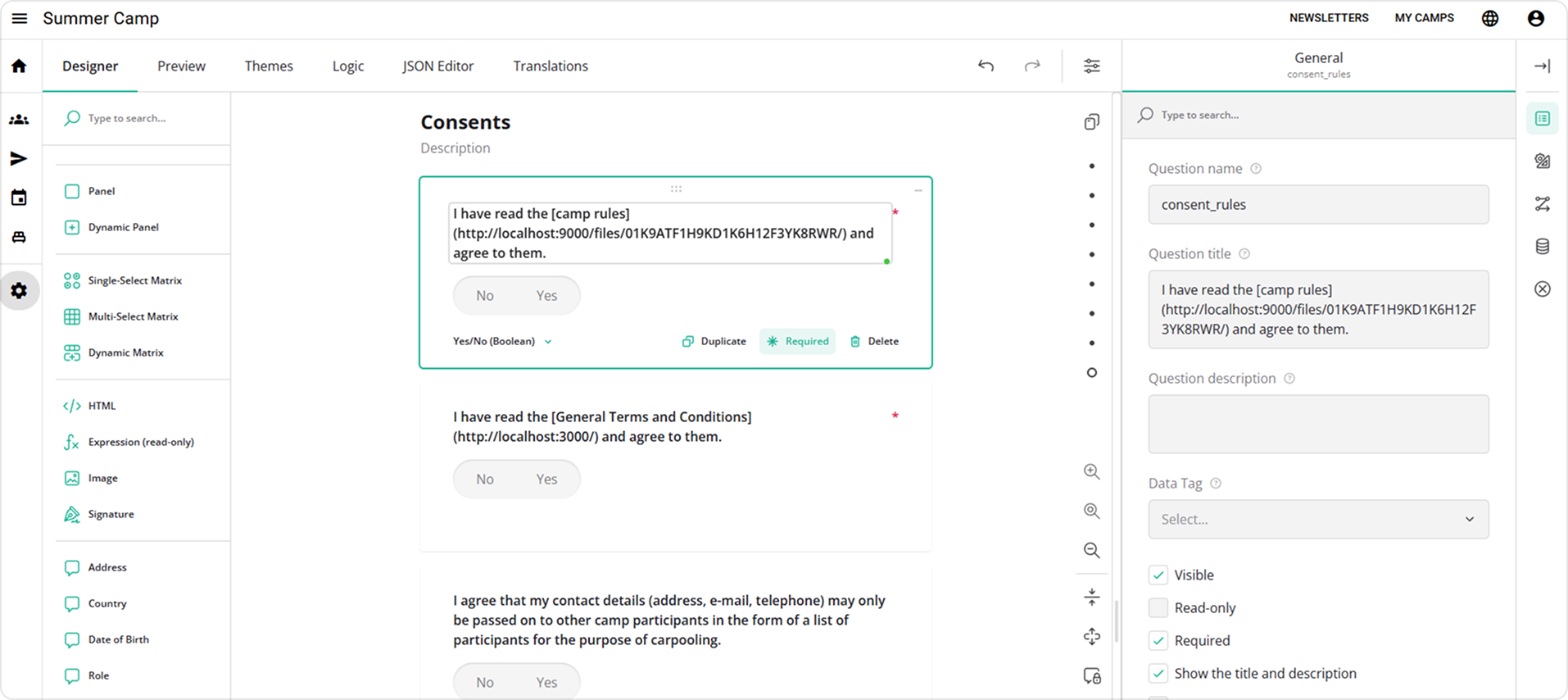 SurveyJS Creator interface showing a registration consent question with embedded document links