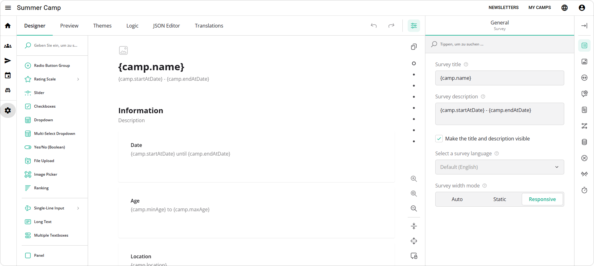 SurveyJS form preview showing dynamic camp variables rendered in registration content