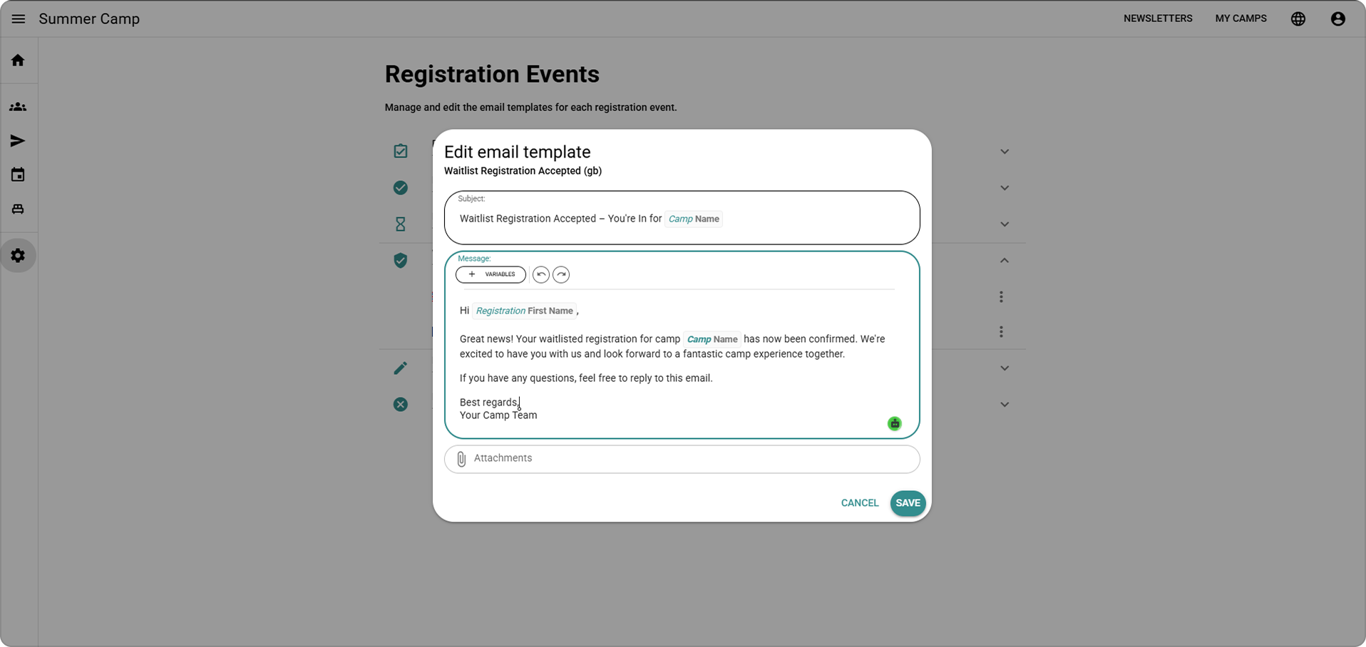 Email template editor for configuring automated registration messages with dynamic content