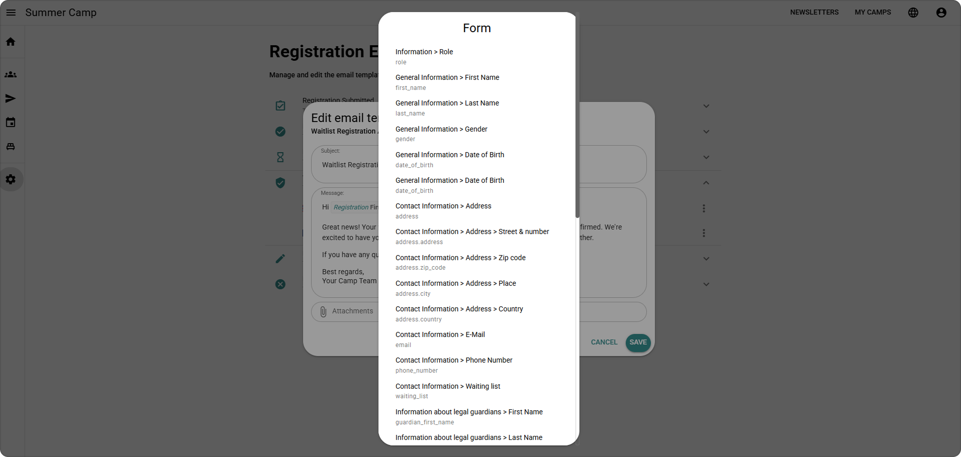 Token picker for inserting registration form values into automated email templates