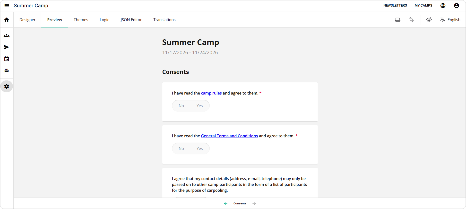 SurveyJS Creator interface showing the preview of registration consent question with embedded document links