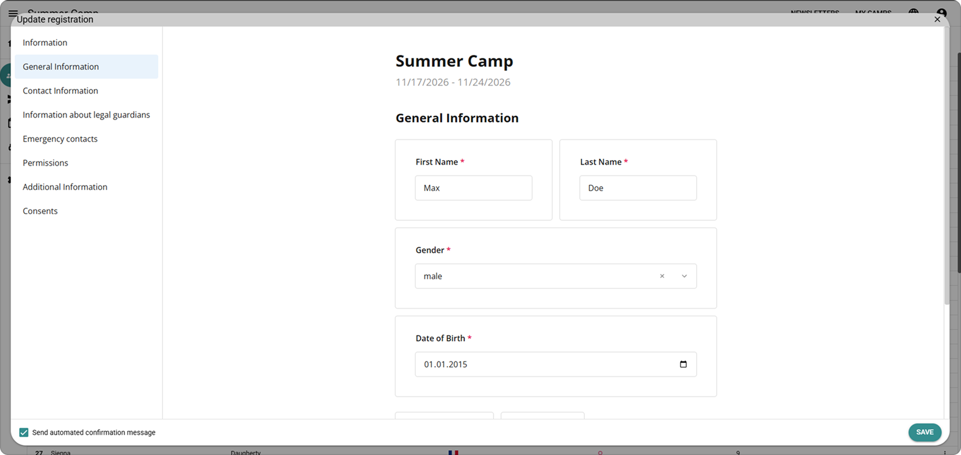Administrative registration edit dialog for reviewing and updating participant information