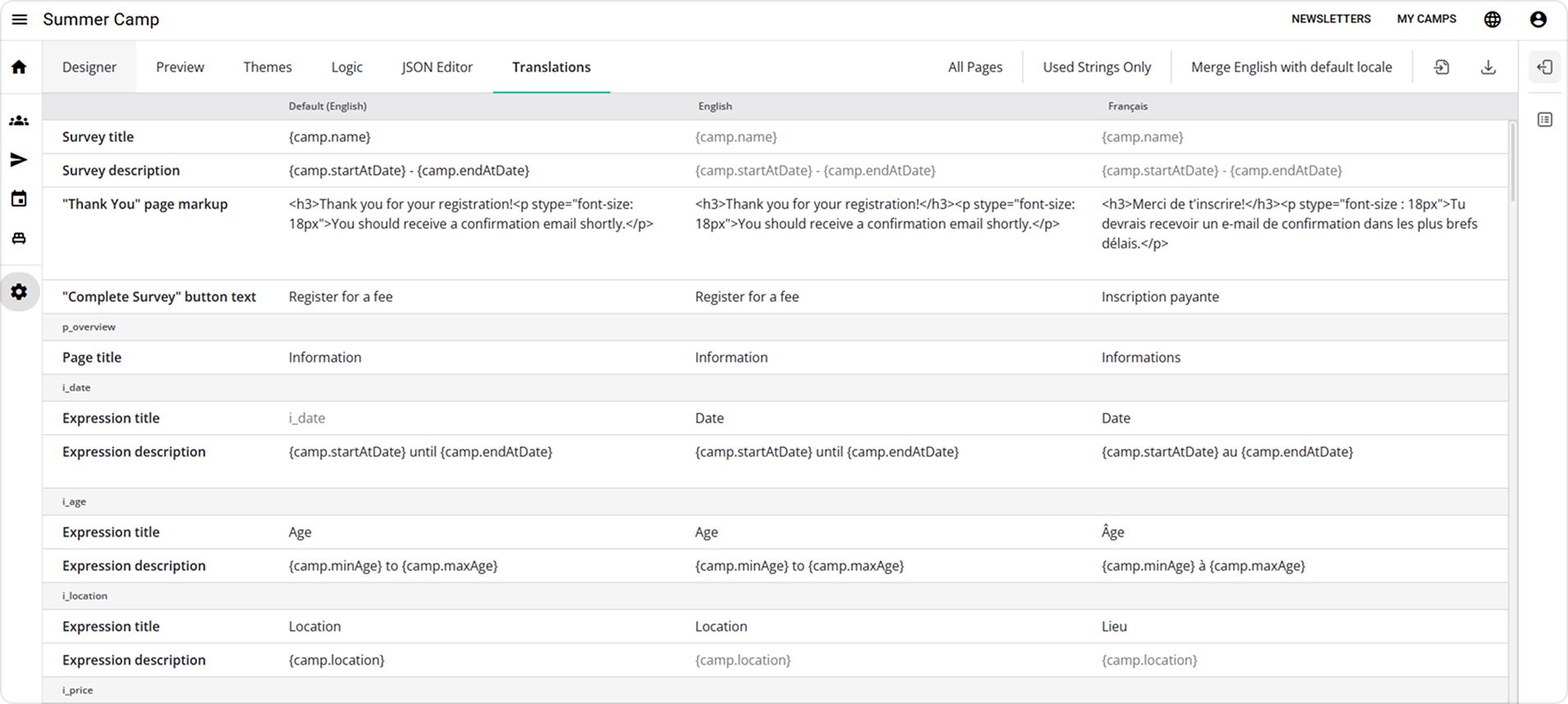 Translation management interface for editing multilingual registration form content