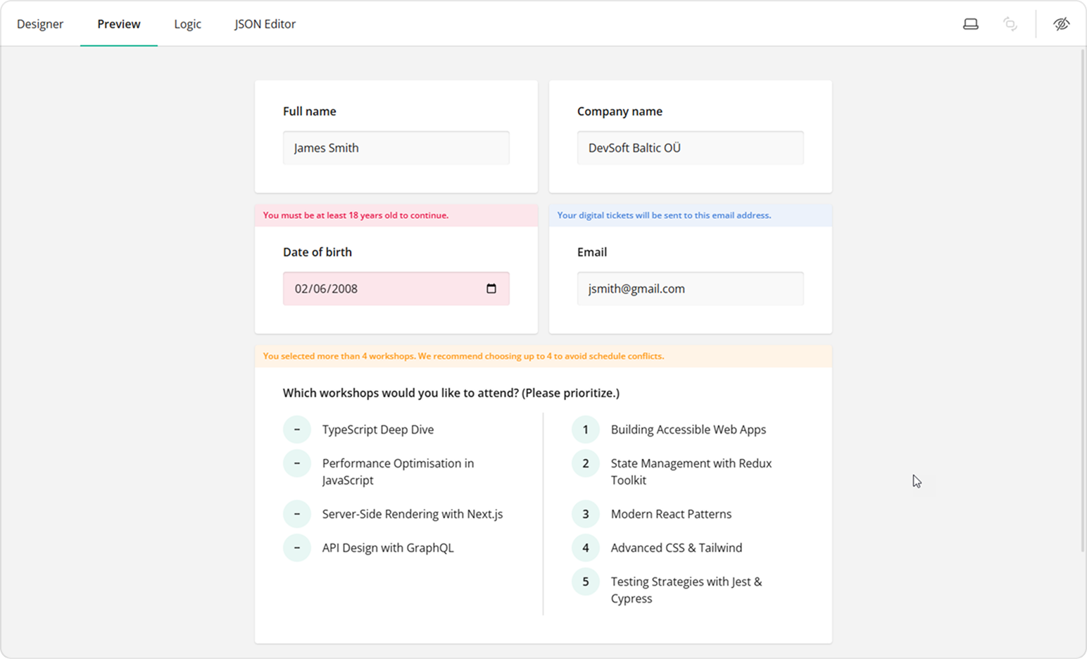 SurveyJS Survey Creator - Warnings and Informational Notes
