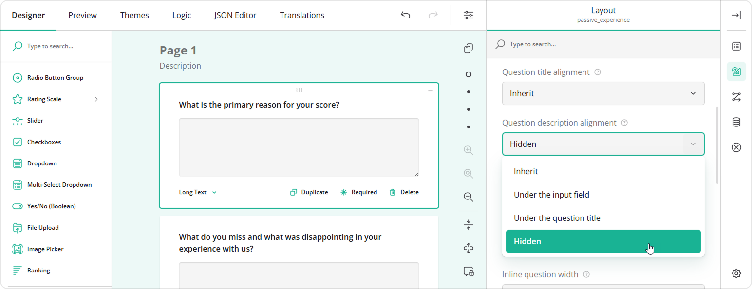 Survey Creator: Question description alignment set to Hidden