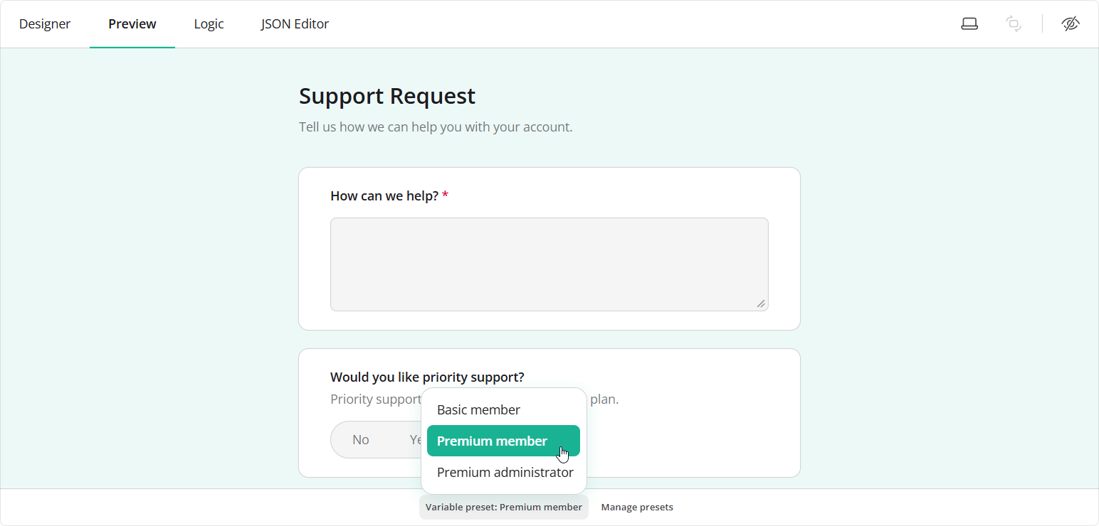 Survey Creator: Variable presets in the Preview tab