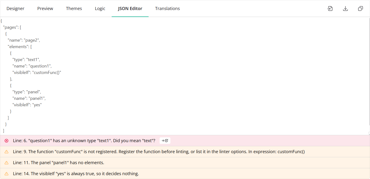 Survey Creator: Linter in the JSON Editor tab