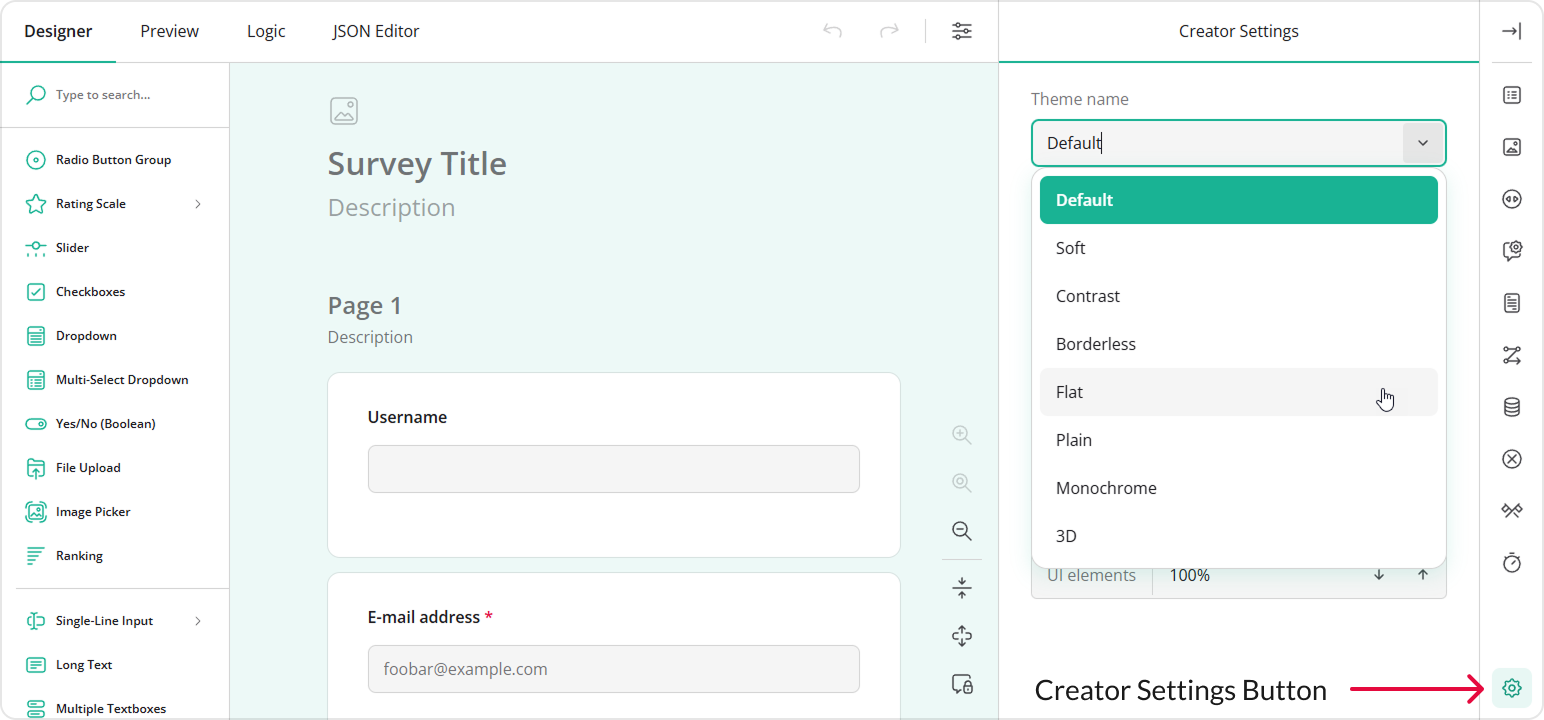 Survey Creator: Predefined themes in the 'Theme name' drop-down list