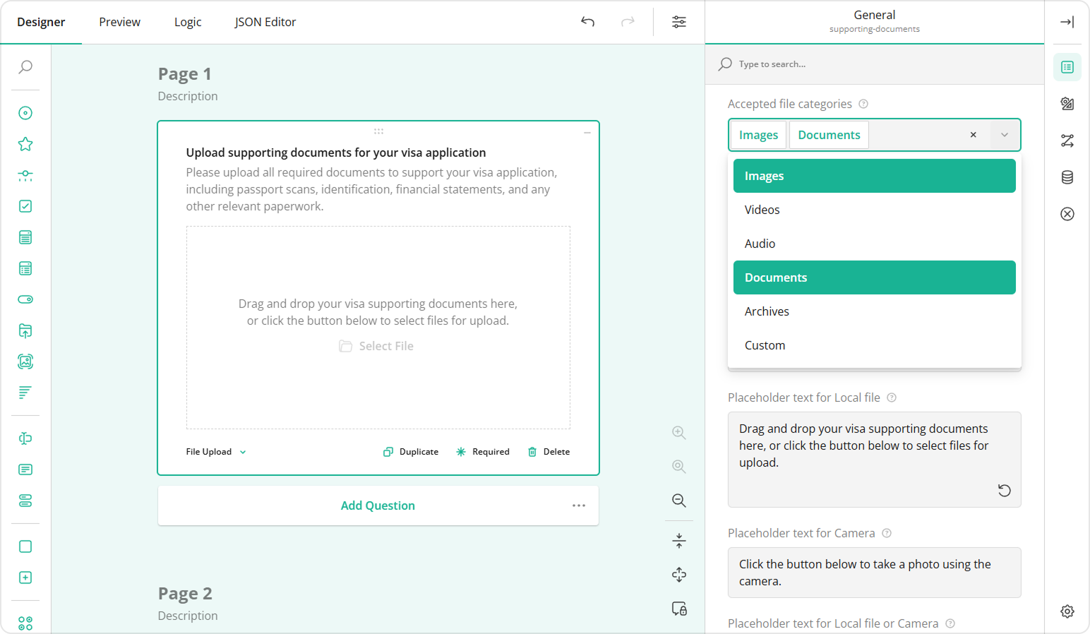 Select one or several file type categories that your File Upload question will accept.