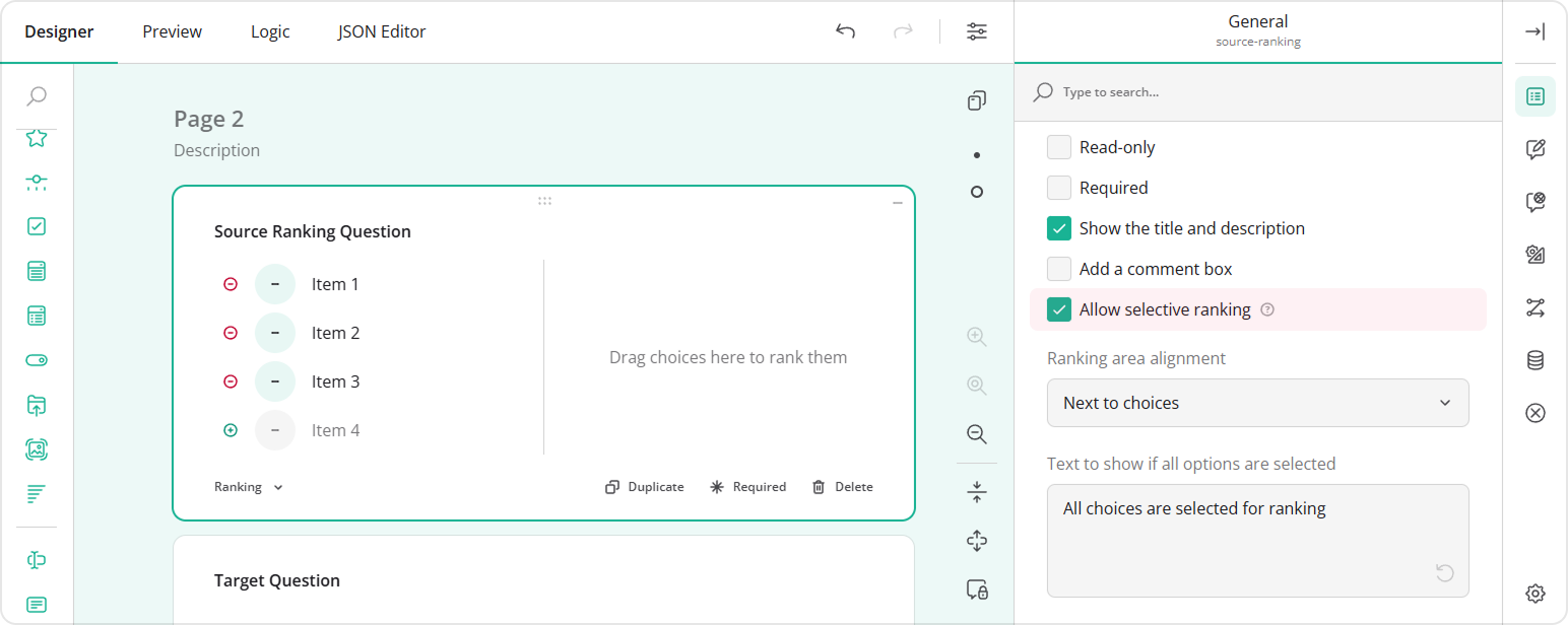 How to enable selective ranking in the Ranking question