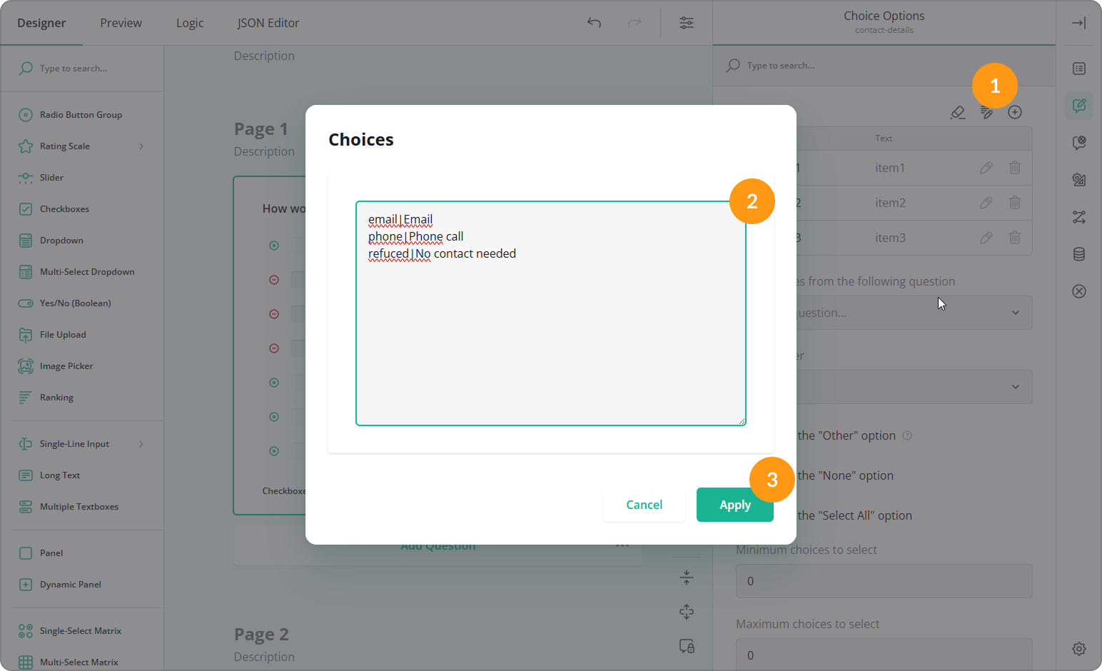 Add choice options