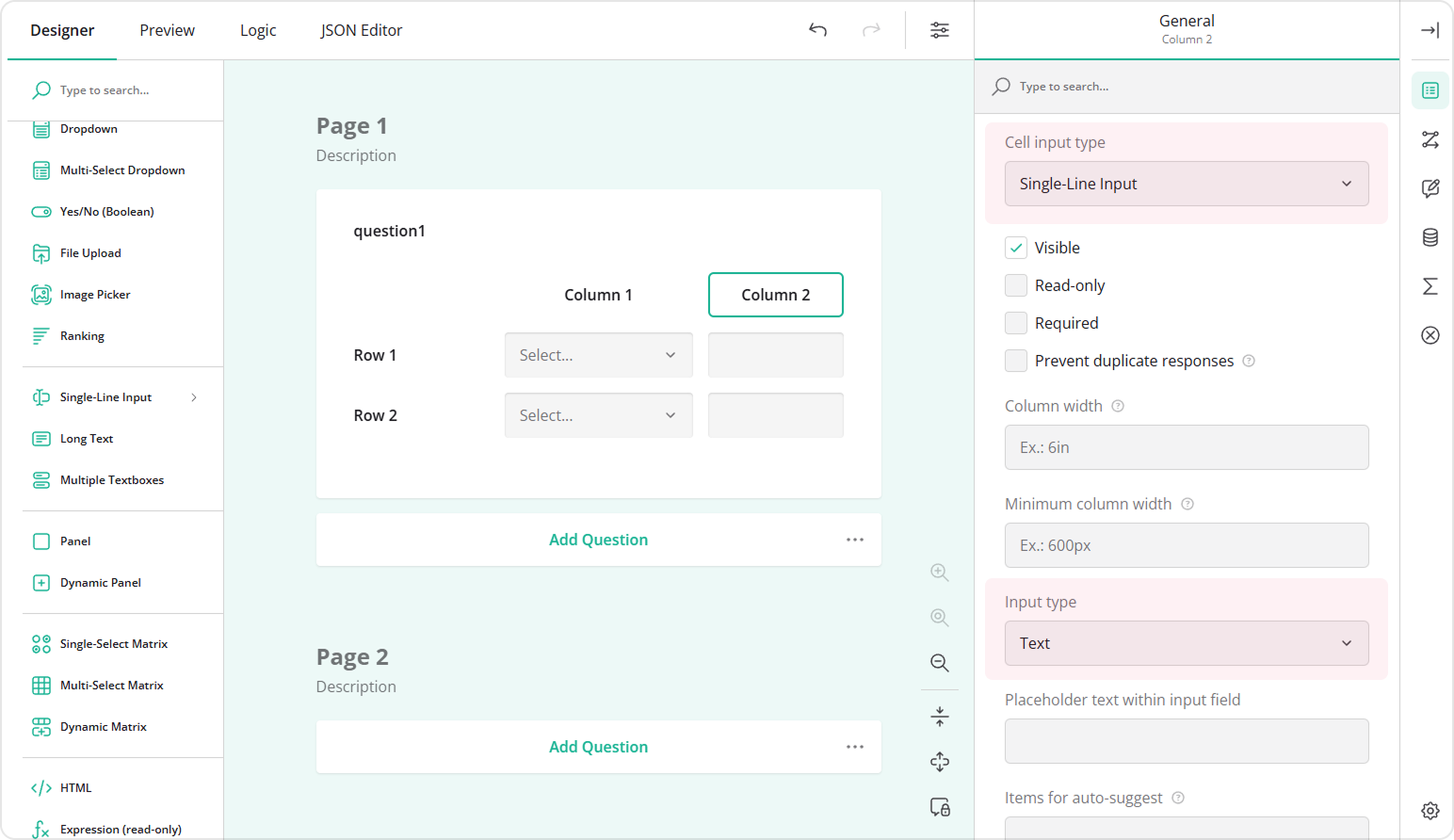 Multiple Textboxes: How to set a new question type for a column cell