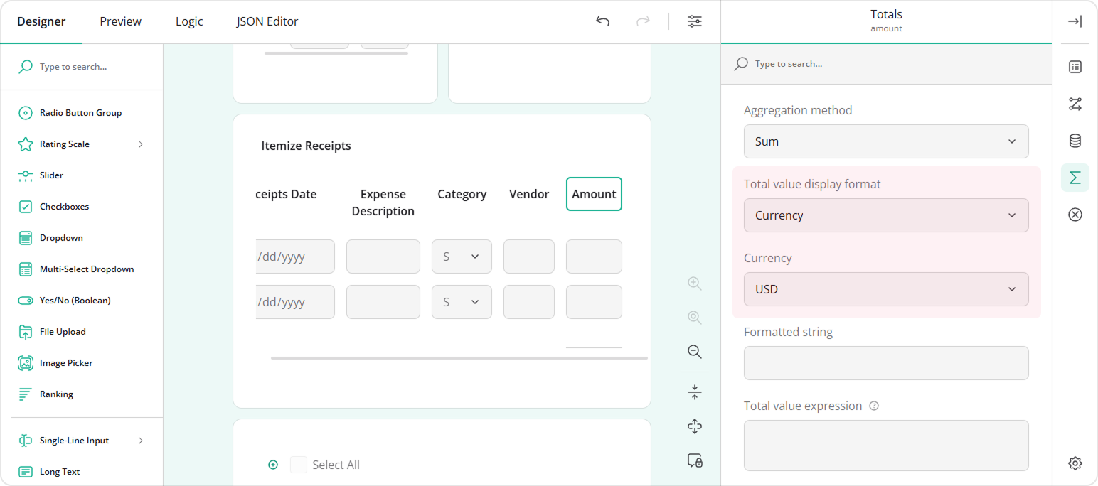 Dynamic Matrix: How to set the currency for the total value of a matrix column