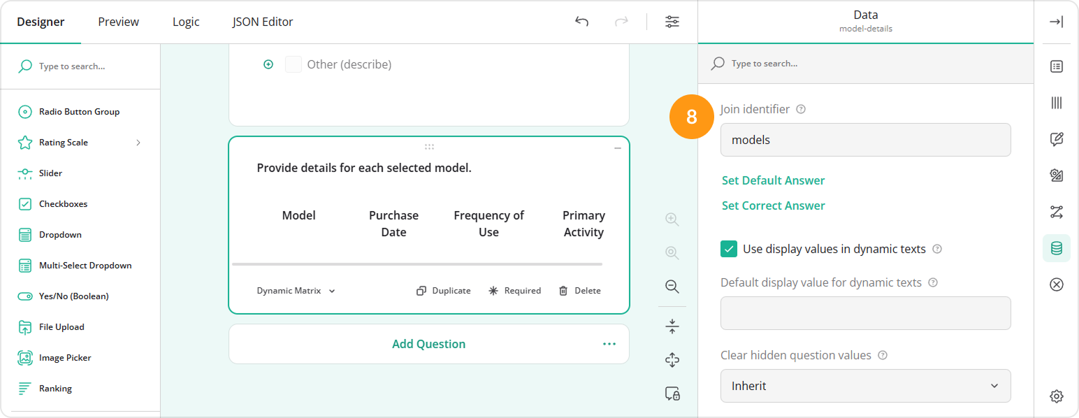 Set a join identifier for a Dynamic Matrix question