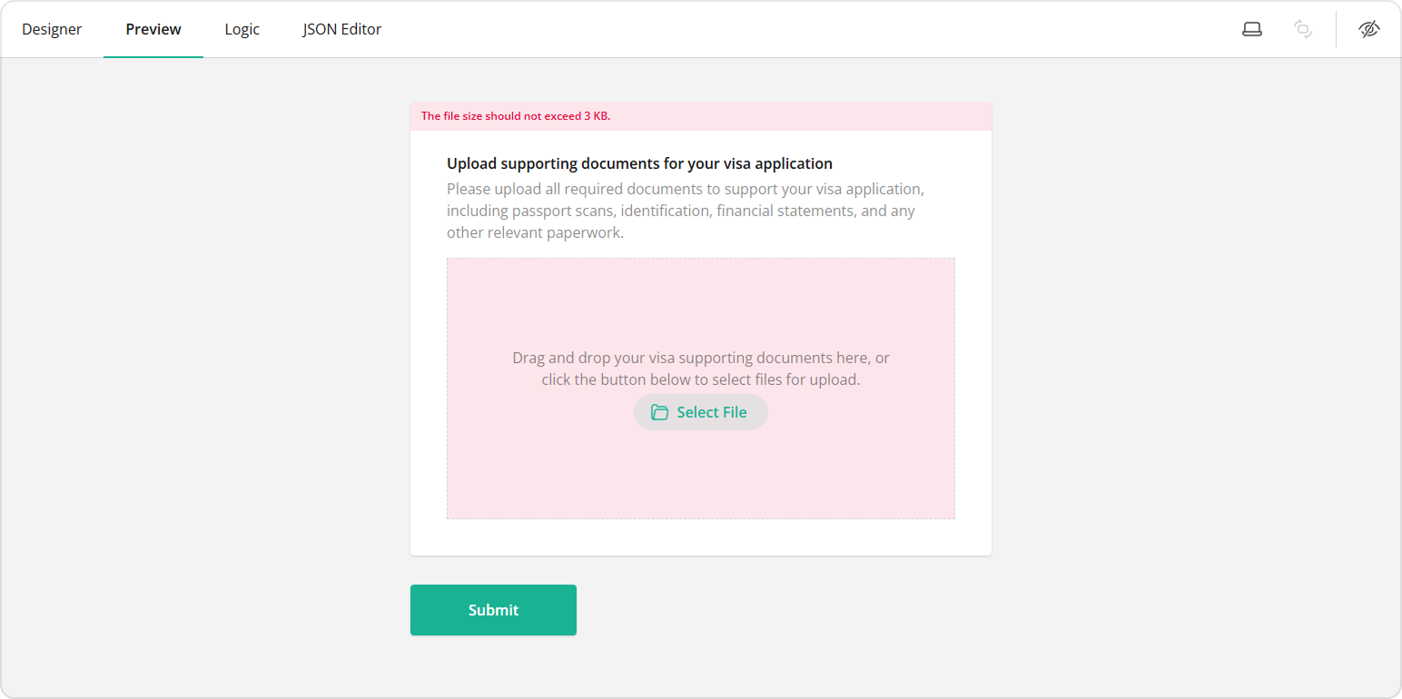 The default validation error shown when the size of the selected files exceed the maximum allowed file size.