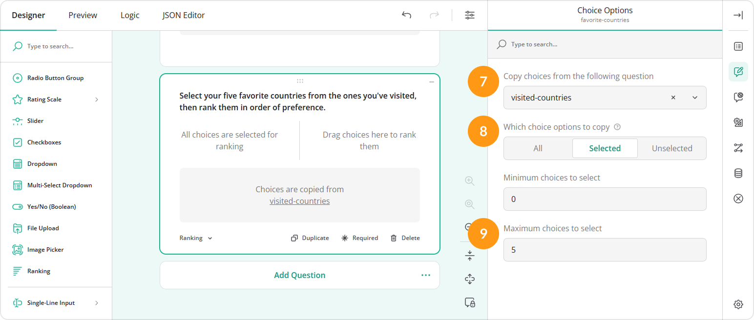 Limit the number of choices to select in a Ranking question with enabled selective ranking