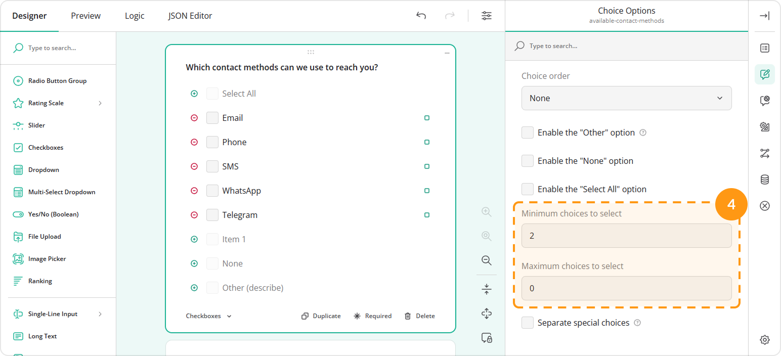 Restrict the number of items a respondent can select in a Checkboxes question