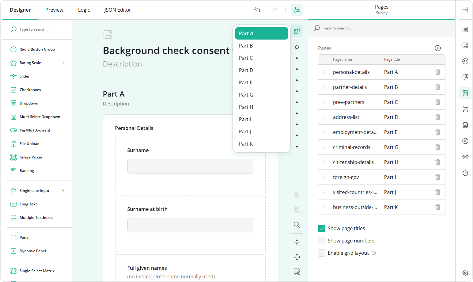Survey Creator - Page Menu configured to display page titles