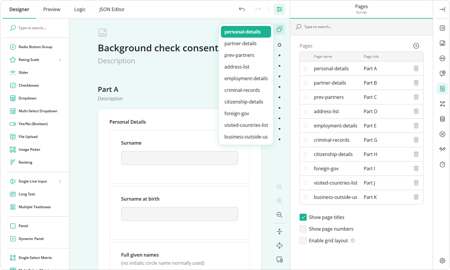 Survey Creator - Page Menu