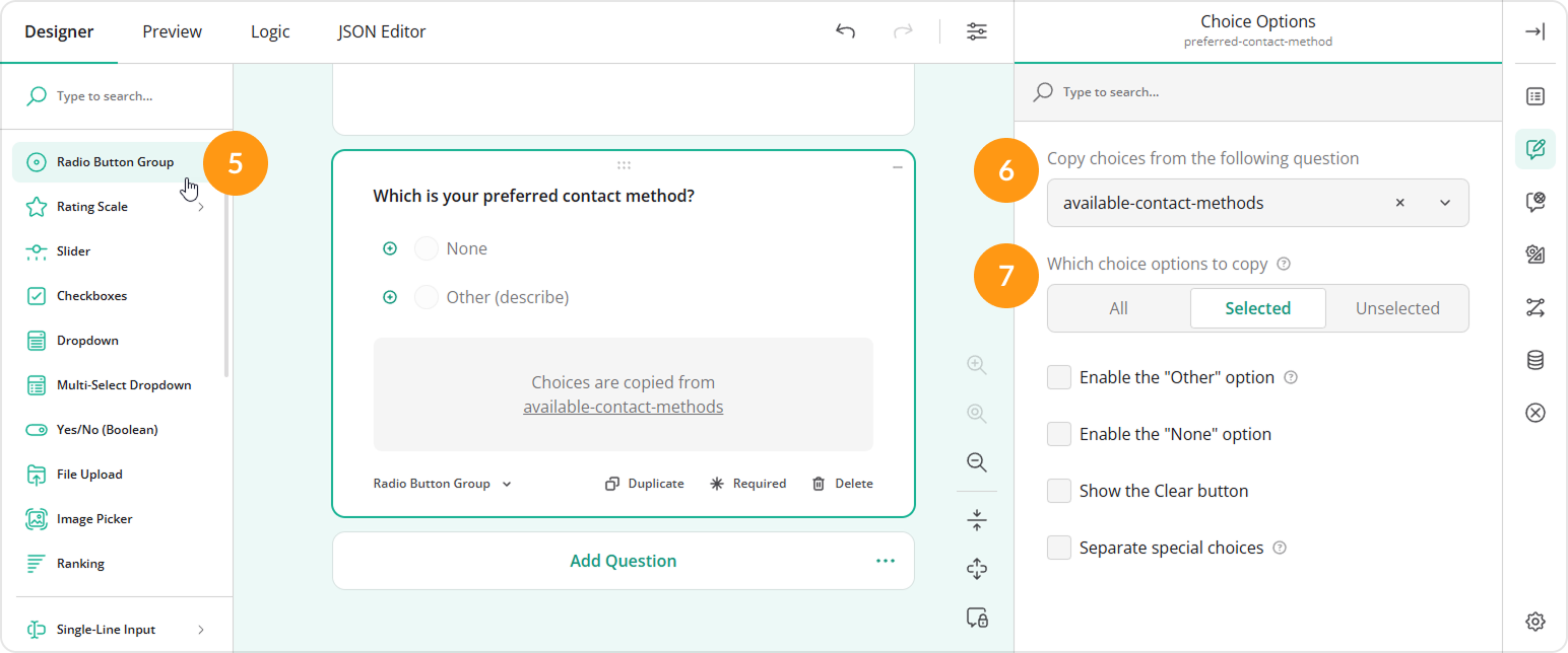 Carry forward selected responses from a Checkboxes question to a Radio Button Group