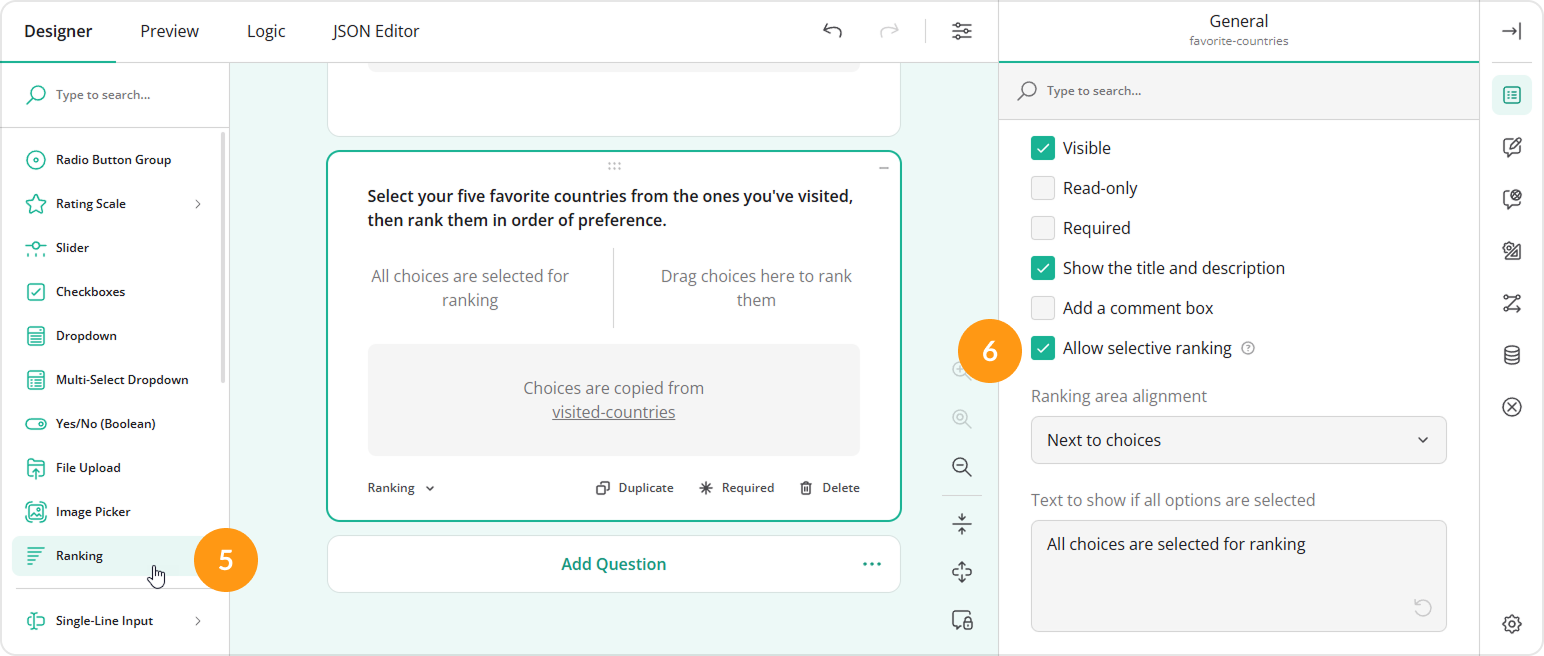How to carry forward responses to a Ranking question and enable selective ranking