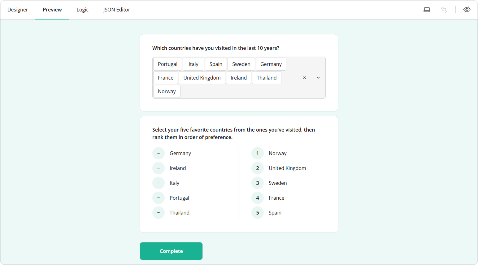 Preview carrying forward selected responses from a Tag Box to a Ranking question