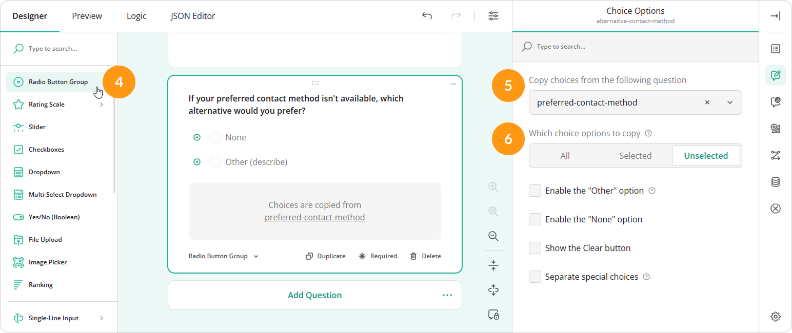 Carry forward unselected responses from a Radio Button Group to another Radio Button Group