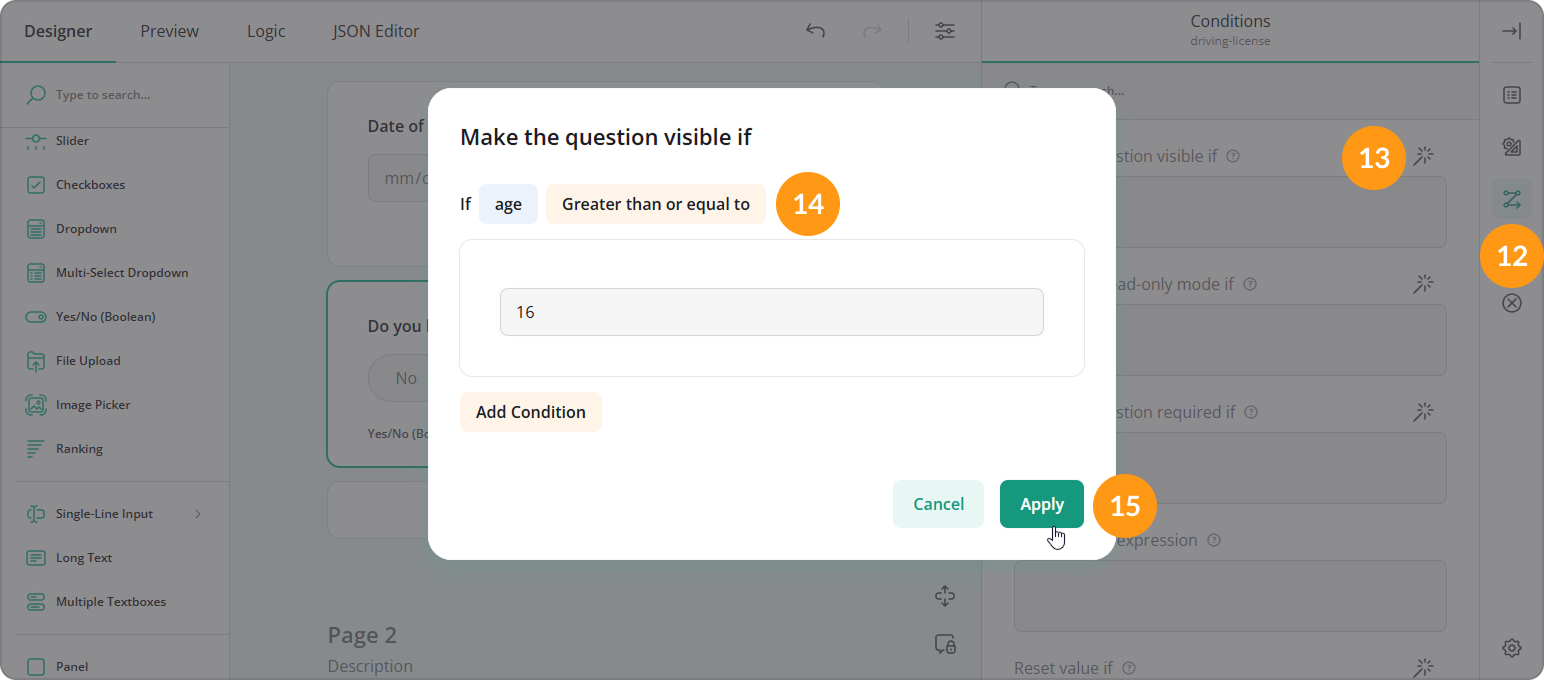 How to make a question visible depending on the custom variable value