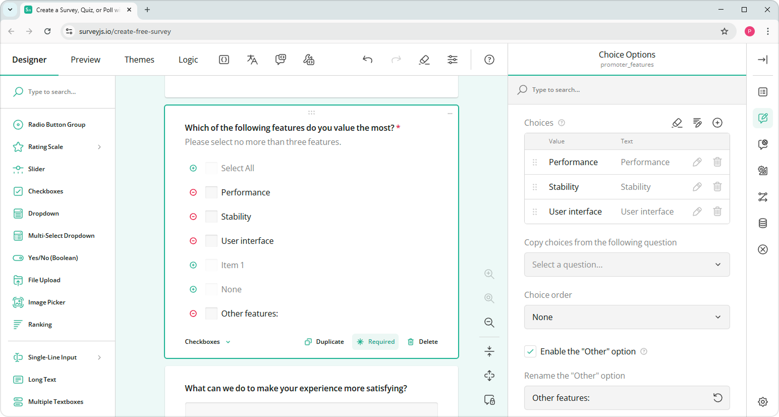Survey Creator embedded form builder UI